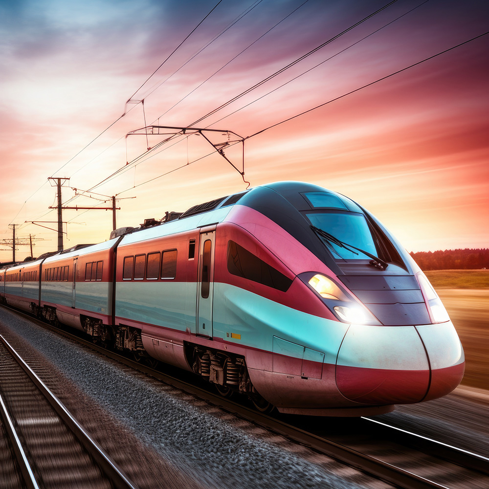 Hogesnelheidstrein bij zonsondergang op het spoor